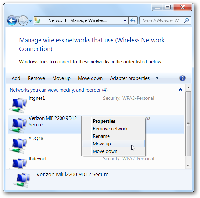 Список профилей беспроводных сетей с опциями упорядочивания