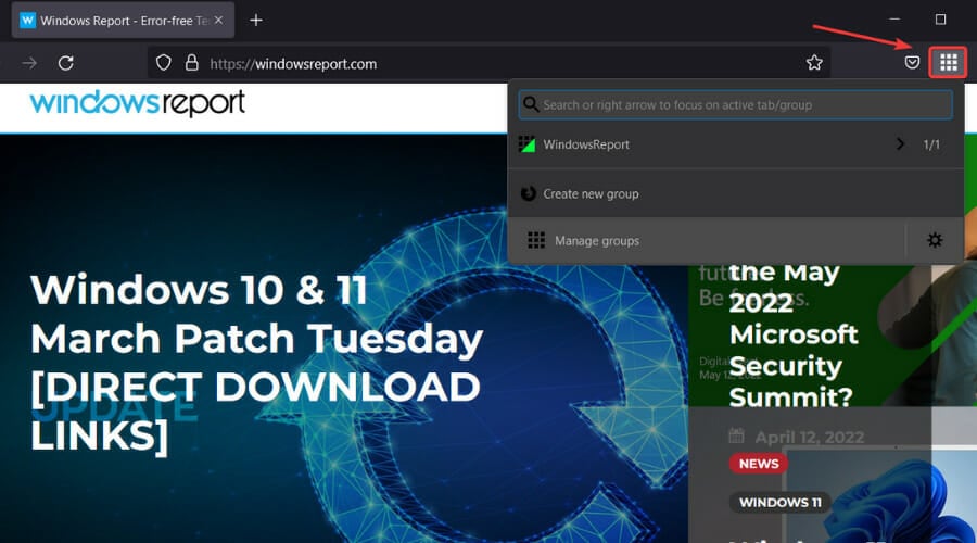 Выпадающий список групп вкладок в Simple Tab Groups