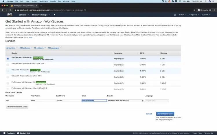 Выбор шаблона WorkSpace и ввод имени пользователя и почты
