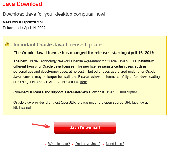 Страница загрузки Java для запуска RuneScape