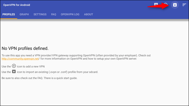 Экран OpenVPN с кнопкой импорта конфигурации