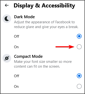 Опция включения тёмной темы в Facebook