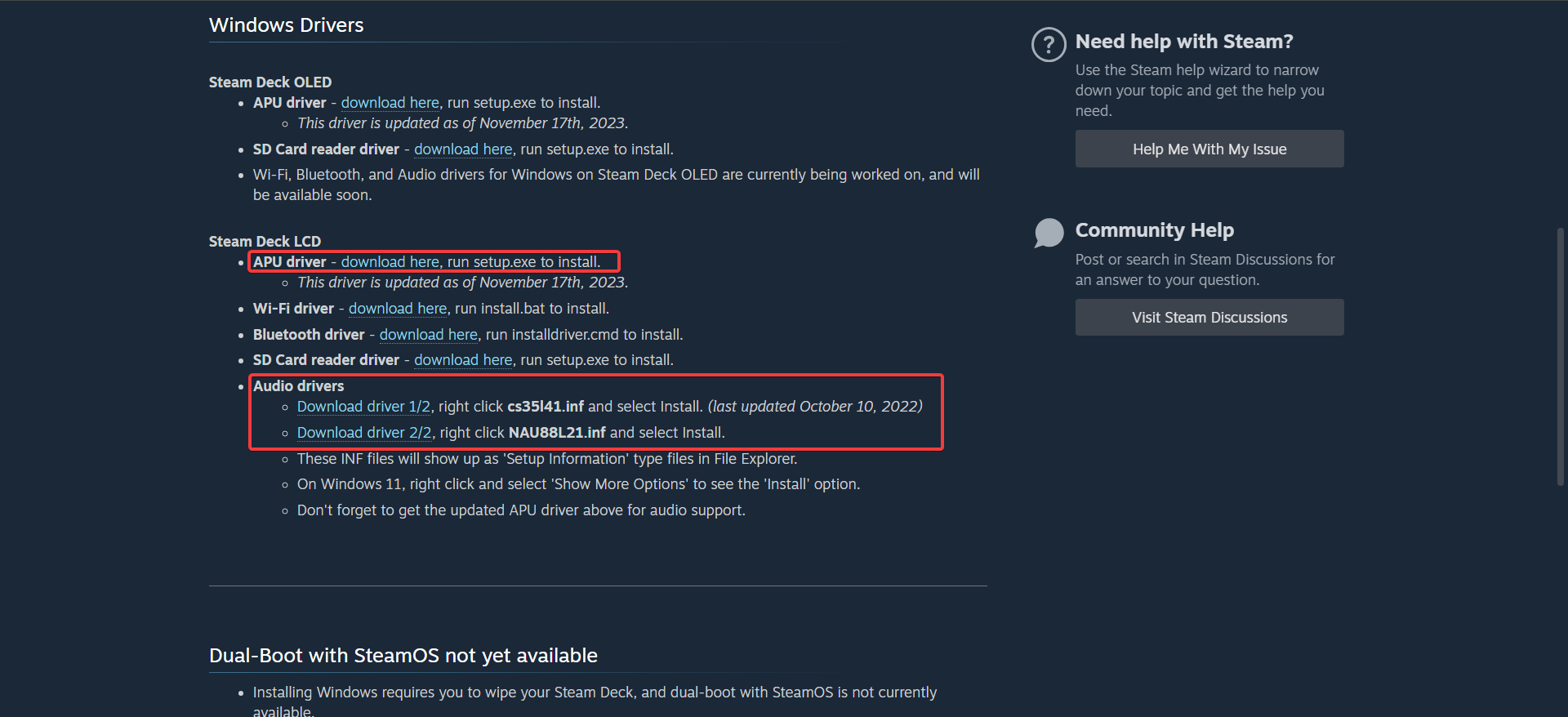 Загрузка аудио-драйверов со страницы Steam