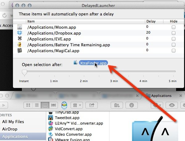 Glissez les applications depuis le dossier Applications vers DelayedLauncher pour les gérer.