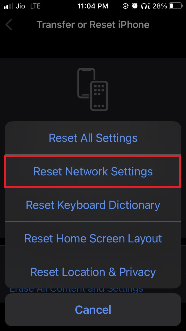 reset network settings apple maps