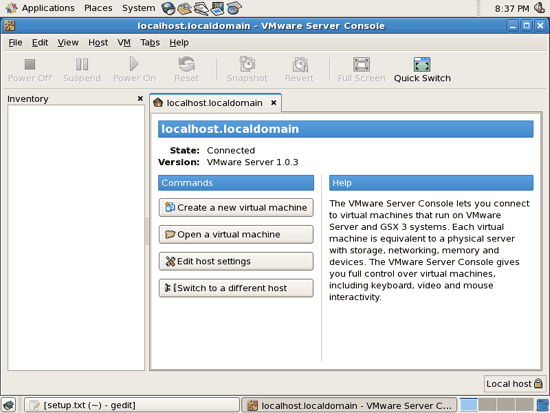 Создание виртуальной машины в интерфейсе VMware Server