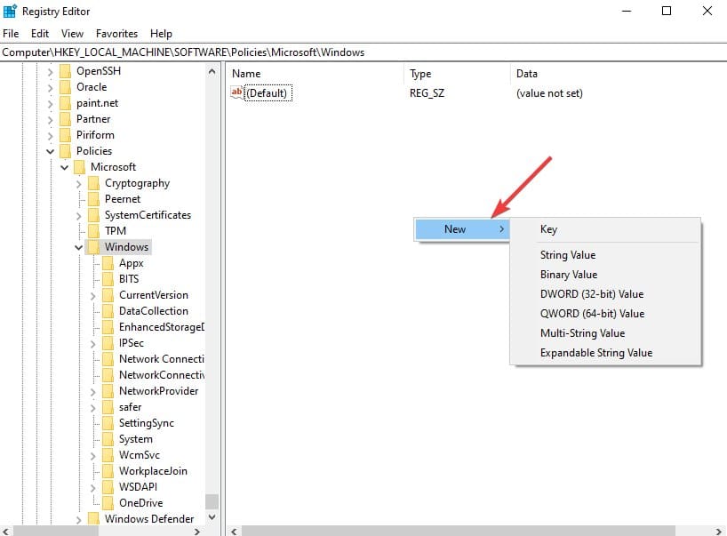 Создать раздел OneDrive в реестре