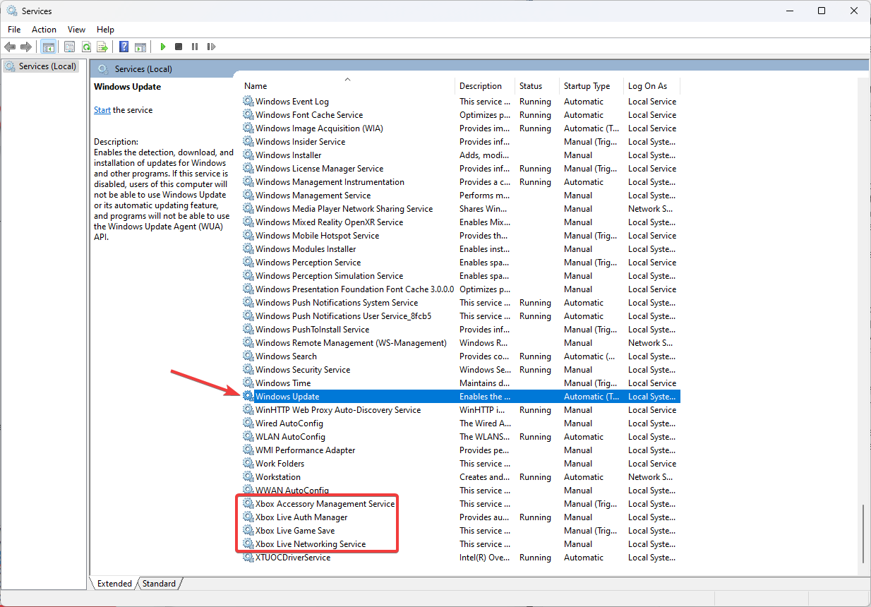 Снимок экрана: служба Windows Update в оснастке Службы
