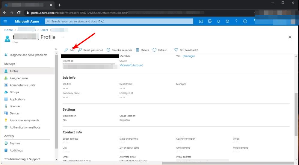 Кнопка Редактировать профиль пользователя в Azure AD