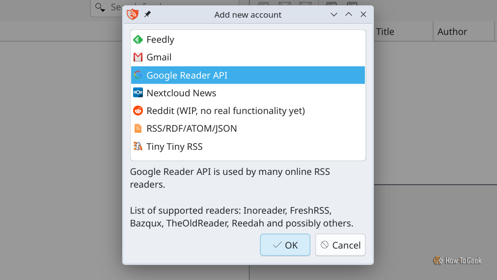 Выбор Google Reader API в RSS Guard.
