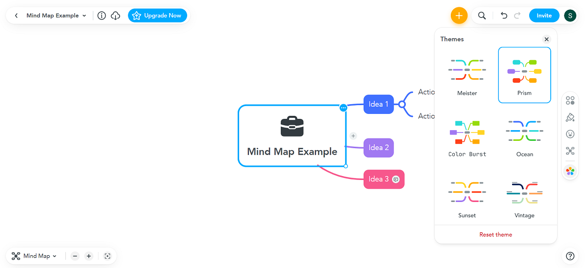 Панель тем в MindMeister с подбором стилей