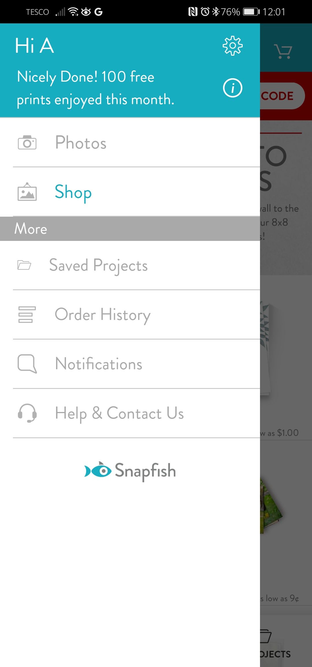 Меню приложения Snapfish