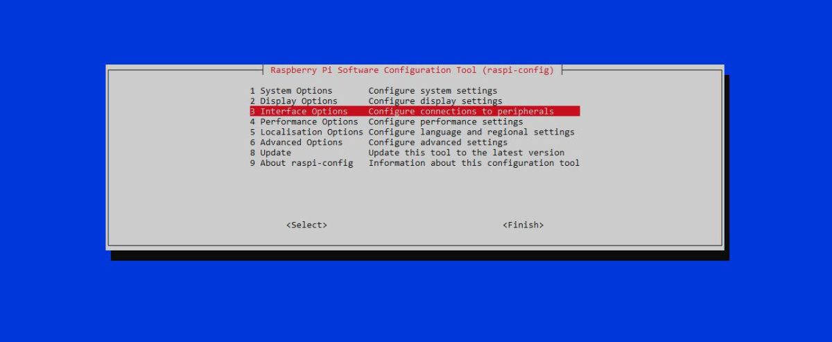 An image showing selection of interface options in raspberry config shell menu