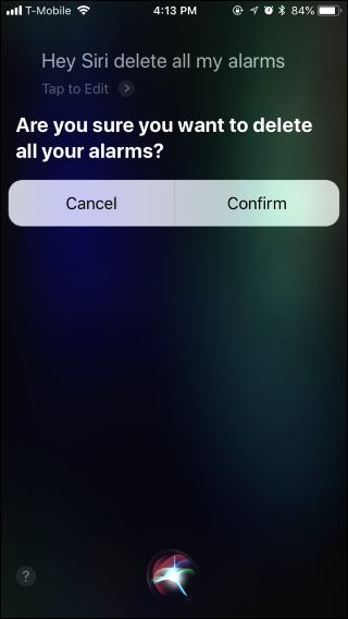 Siri просит подтверждение удаления будильников на iPhone