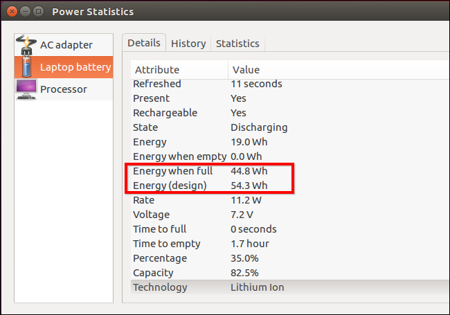 Скриншот статистики батареи с показателями ёмкости