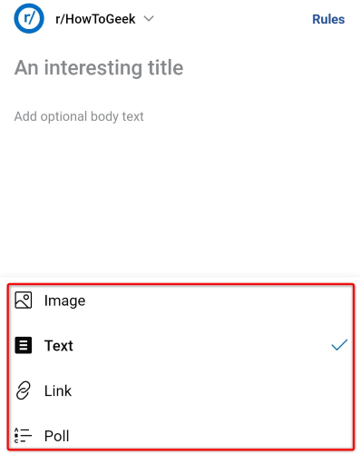 Выбор типа поста в мобильном приложении