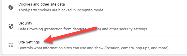 Переход в настройки сайтов Chrome