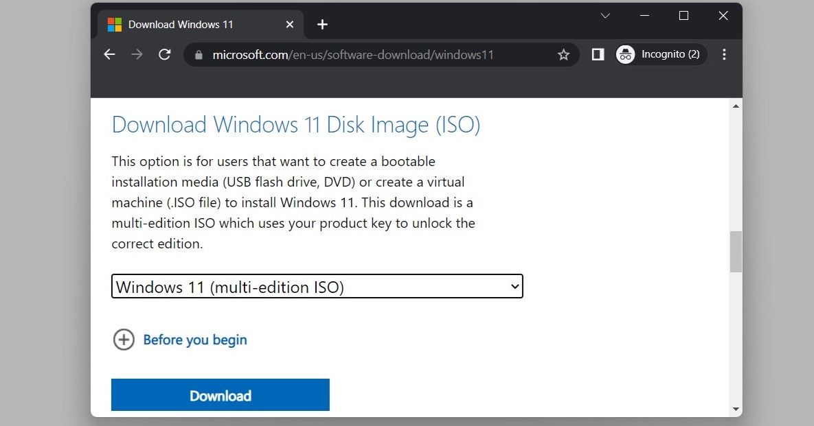 Download Windows 11 ISO File From Microsoft Support Page