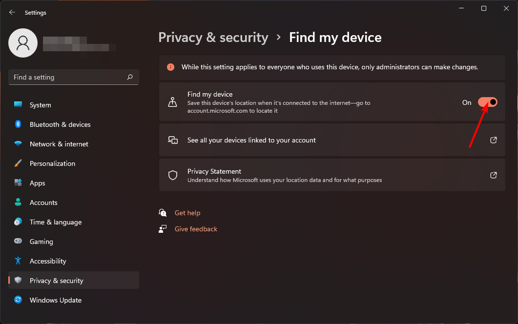 Переключатель «Найти устройство» включён в Windows 11