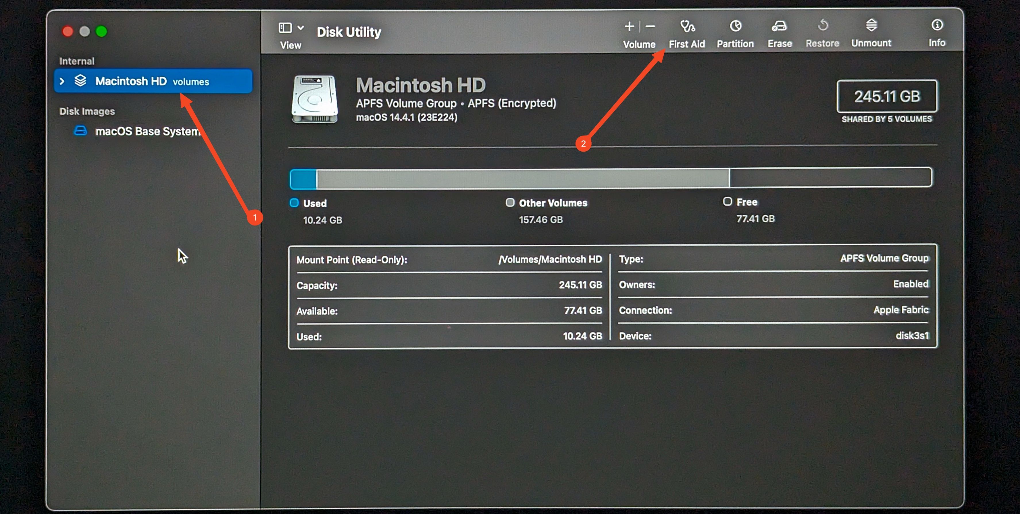 Окно Disk Utility в режиме восстановления macOS.