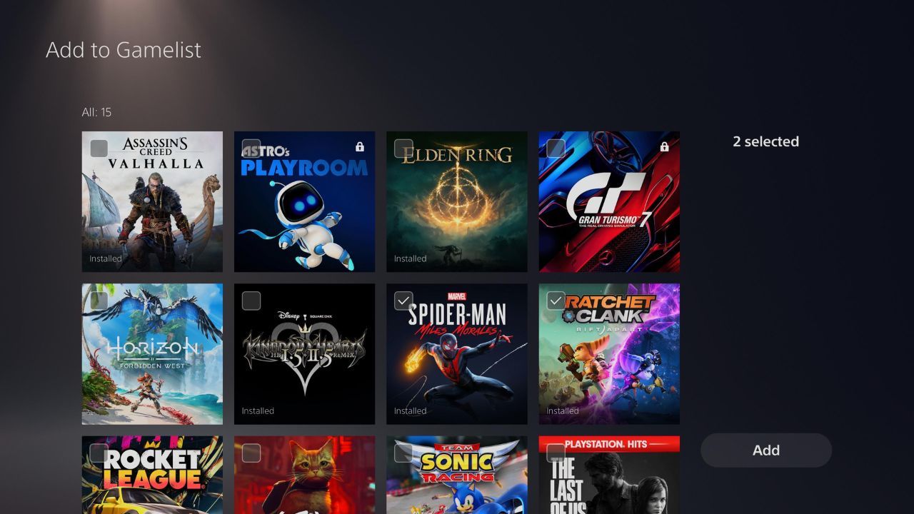 Выберите игры для списка и нажмите Добавить