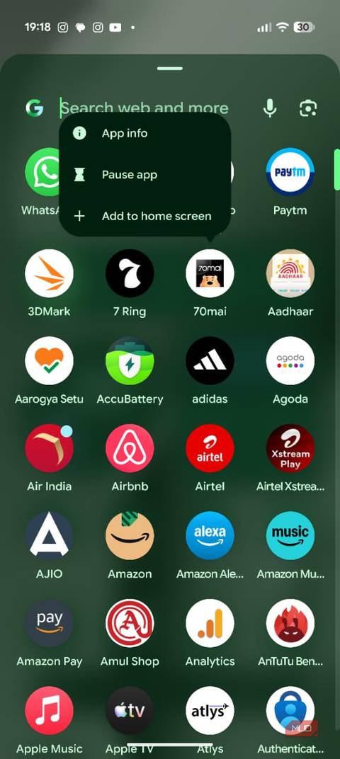 Долгое нажатие на иконку приложения, чтобы открыть сведения о приложении