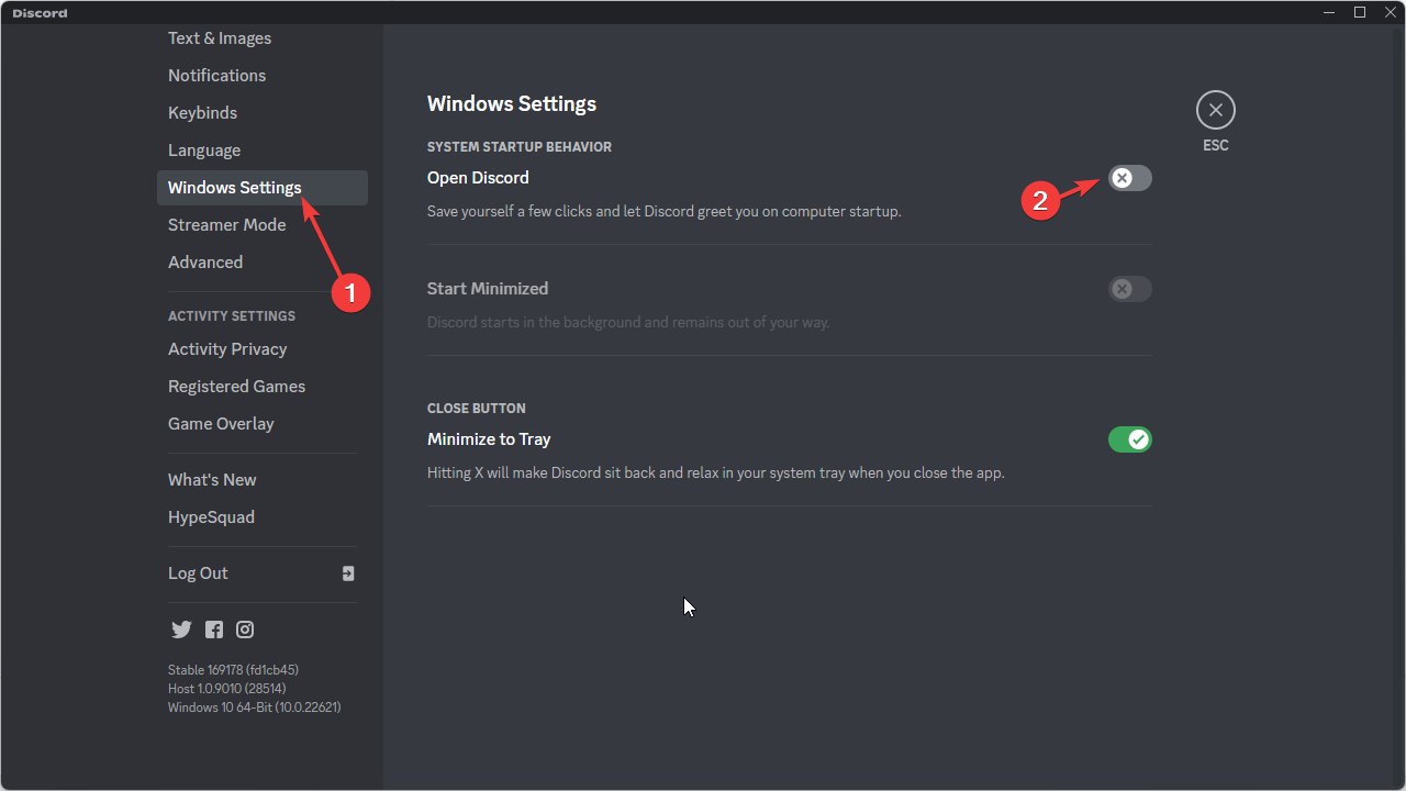 Настройки Windows в Discord