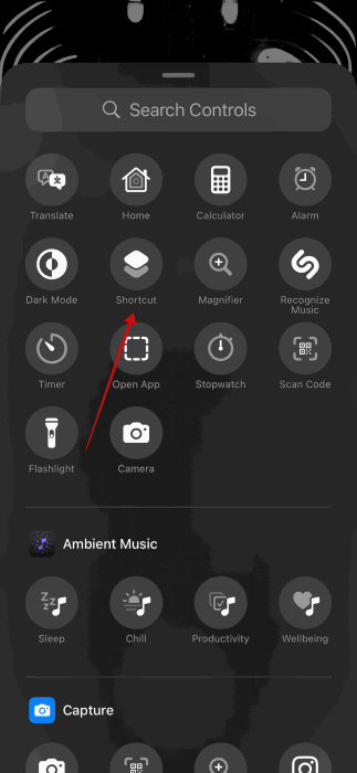 Selecting Shortcut option when adding lock screen shortcut on iPhone. 