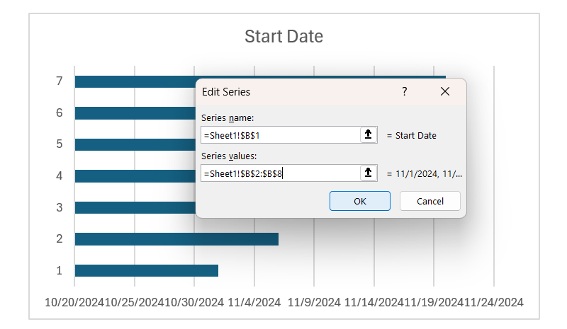 Диалог добавления ряда: ввод данных начала задачи