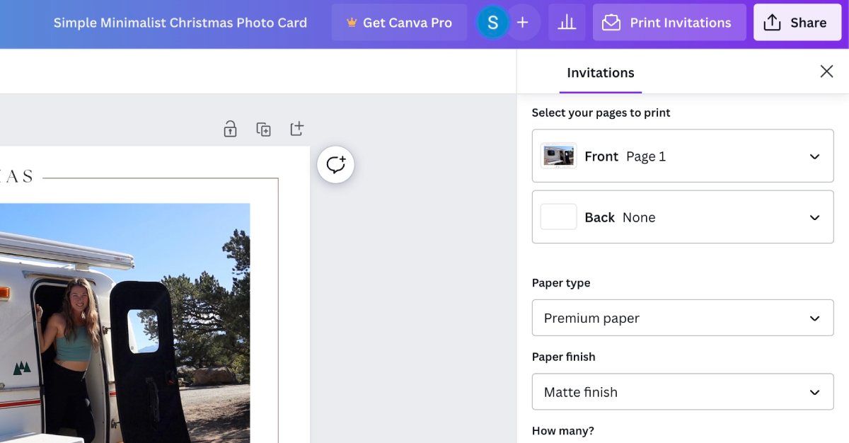 Опции печати открытки в Canva: выбор бумаги и количества
