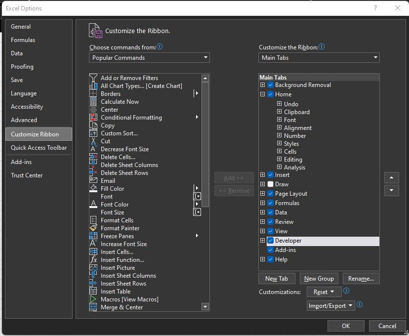 Интерфейс VBA в Excel с вкладкой Разработчик