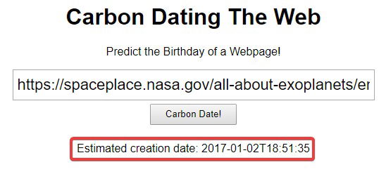 Результат Carbon Dating с оценкой даты создания страницы