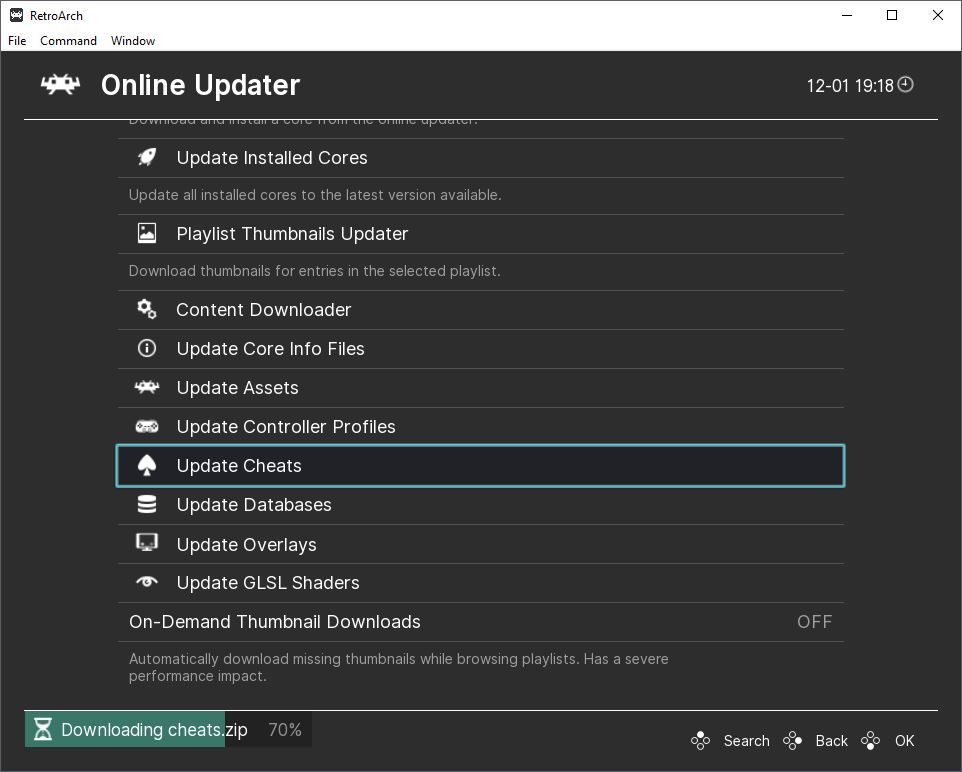 Опция обновления читов в RetroArch