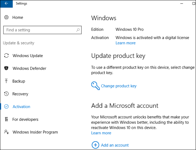 Скриншот: страница активации с сообщением о цифровой лицензии, связанной с учётной записью Microsoft
