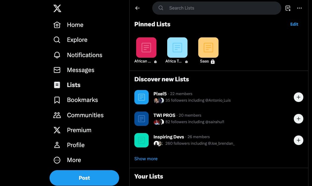Вкладка Списки в меню X