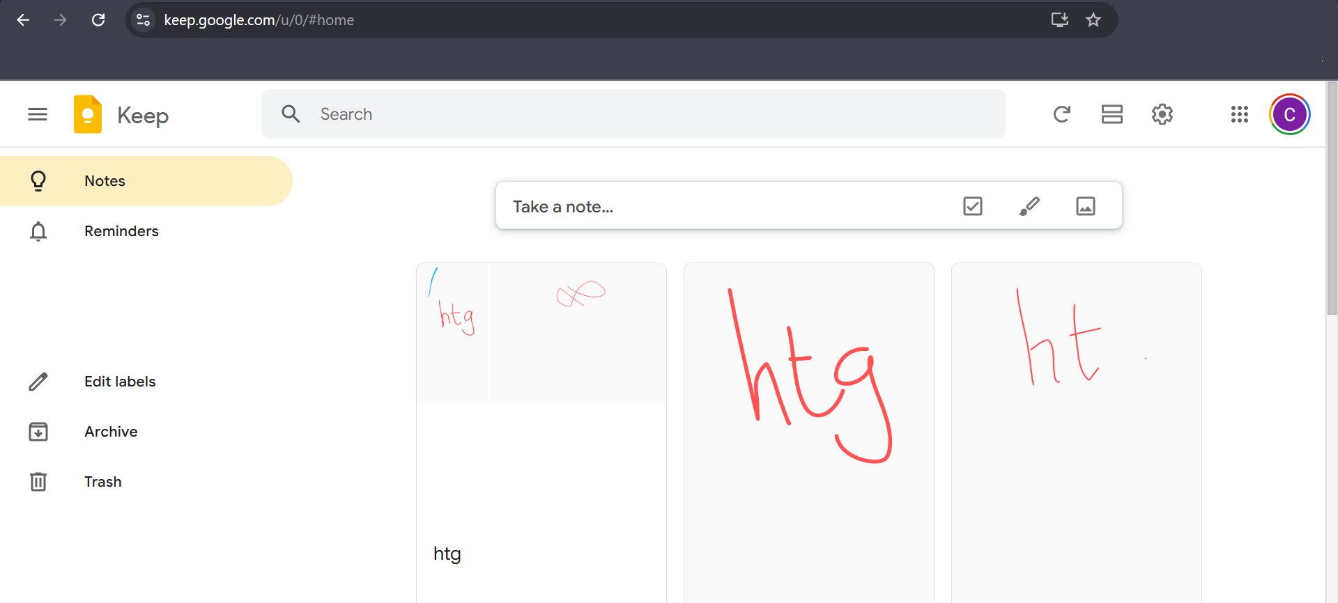 Google Keep в браузере Chrome