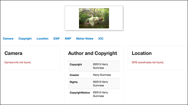 Пример метаданных EXIF с информацией об авторе и правах