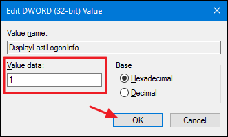 Окно редактирования значения реестра DisplayLastLogonInfo, значение 1