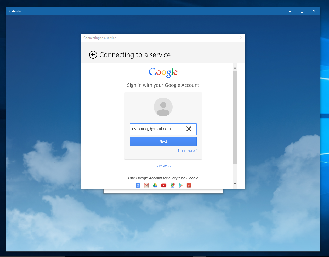 Авторизованный аккаунт Google в Календаре Windows 10