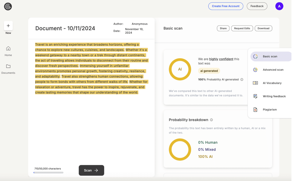 Результат сканирования текста в GPTZero до Humanizer.Pro