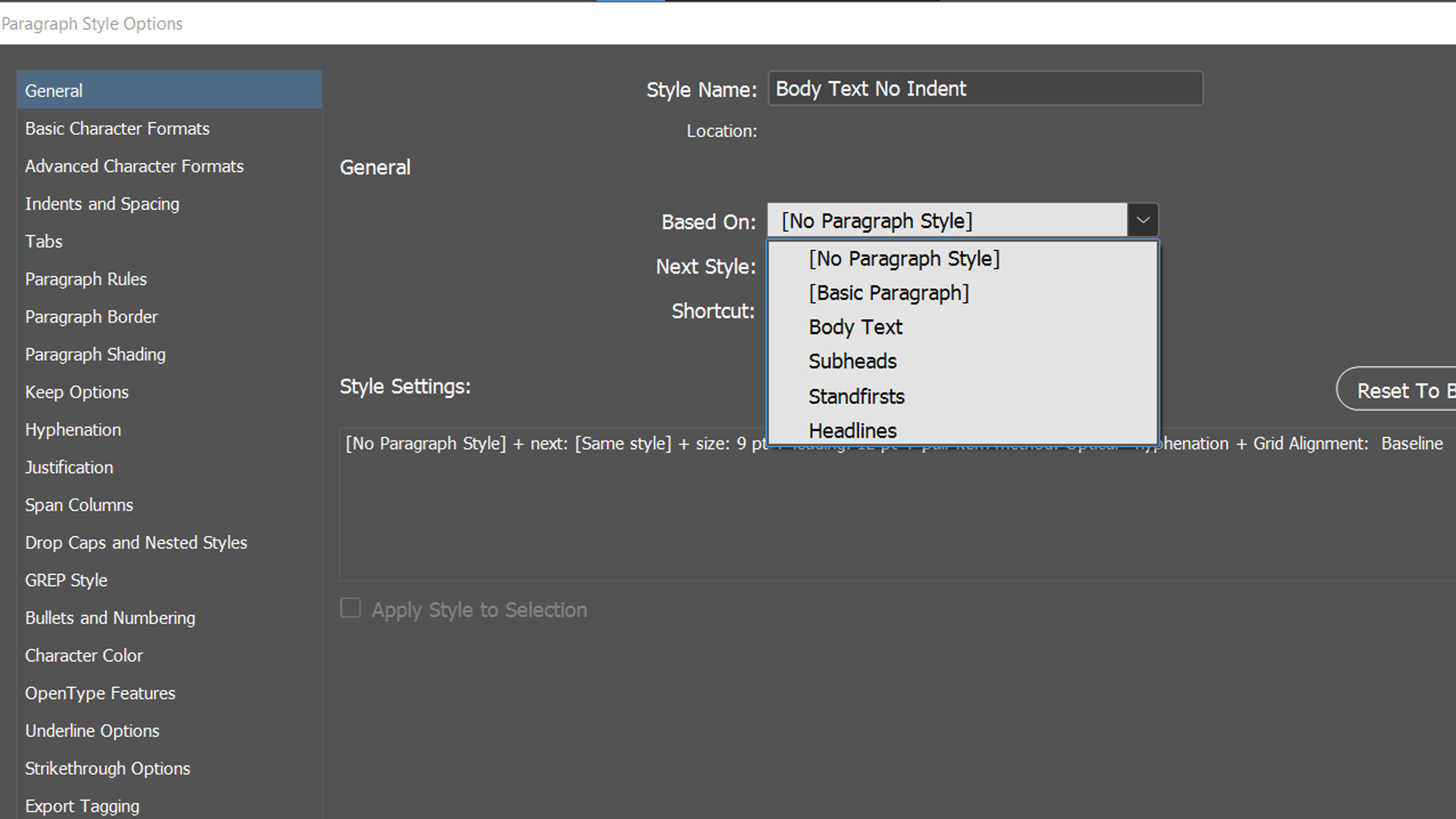 опция Next Style для Body Text