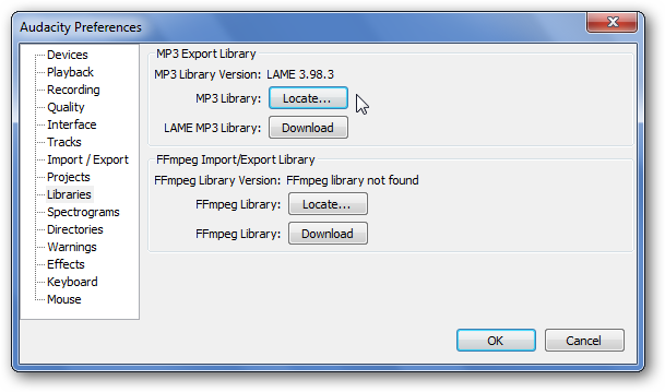 Настройки Audacity — вкладка Библиотеки