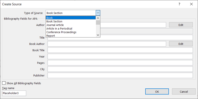 Выпадающий список типов источников