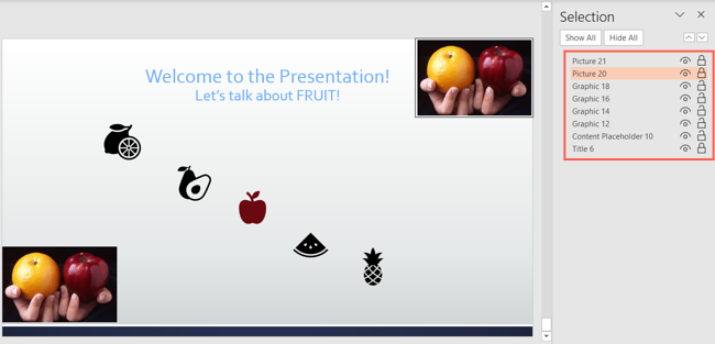 Панель «Выбор объектов» с заблокированными элементами