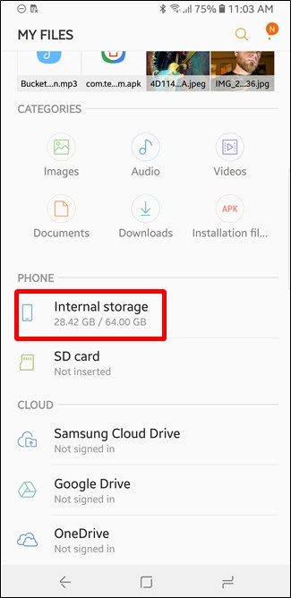 Скриншот: файл contacts.vcf в приложении Мои файлы на Samsung