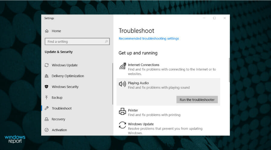 Окно 'Устранение неполадок' в настройках Windows
