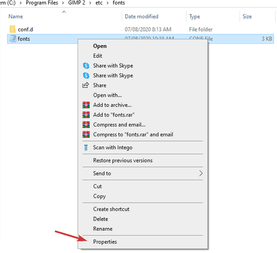 properties fonts.conf add fonts to gimp