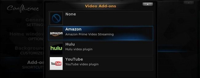Экран выбора ярлыка дополнения в настройках темы XBMC