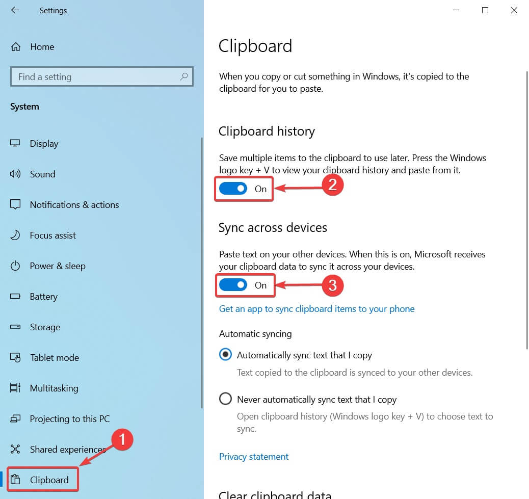 Параметры буфера обмена — включение истории и синхронизации
