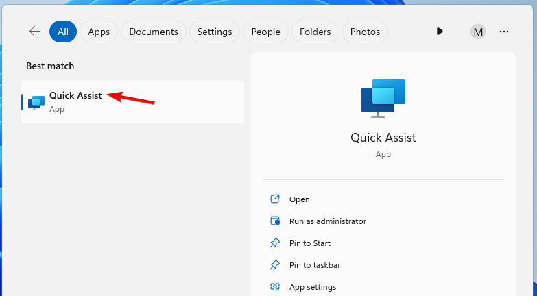Результат поиска Quick Assist в меню Пуск